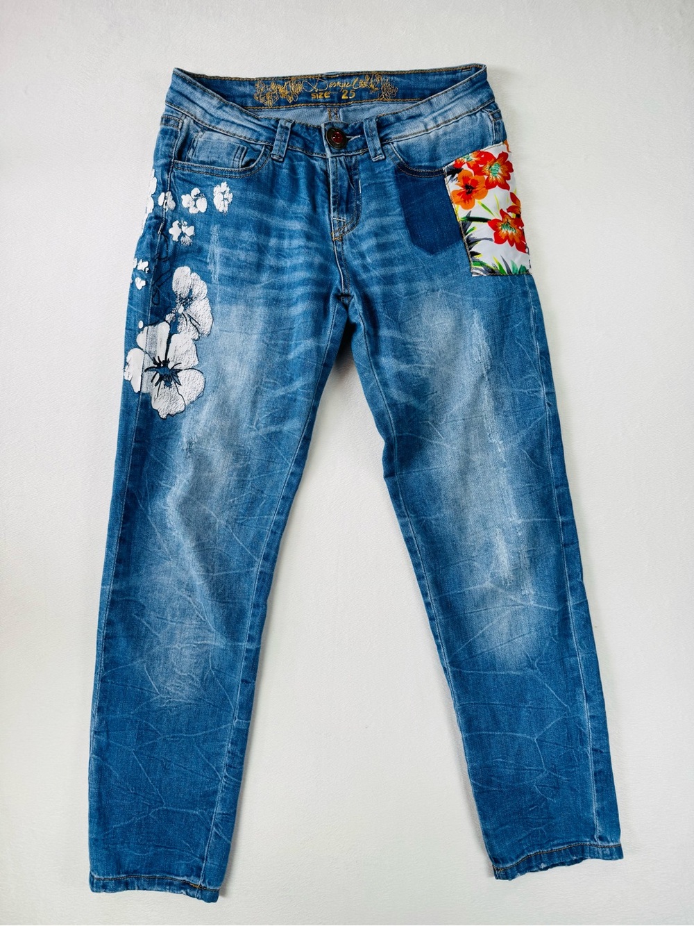 Desigual Blue Slim Straight Jeans with Floral Pocket size 25
